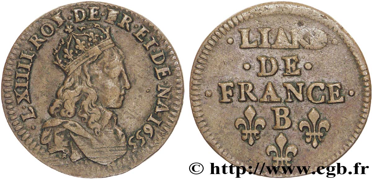 LOUIS XIV  THE SUN KING  Liard de cuivre, 2e type 1655 Pont-de-l’Arche EBC/MBC+
