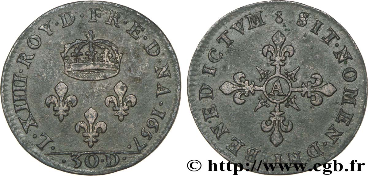 LOUIS XIV LE GRAND OU LE ROI SOLEIL Essai de 30 deniers aux trois lis couronnés, 2e type 1657 Paris TTB+