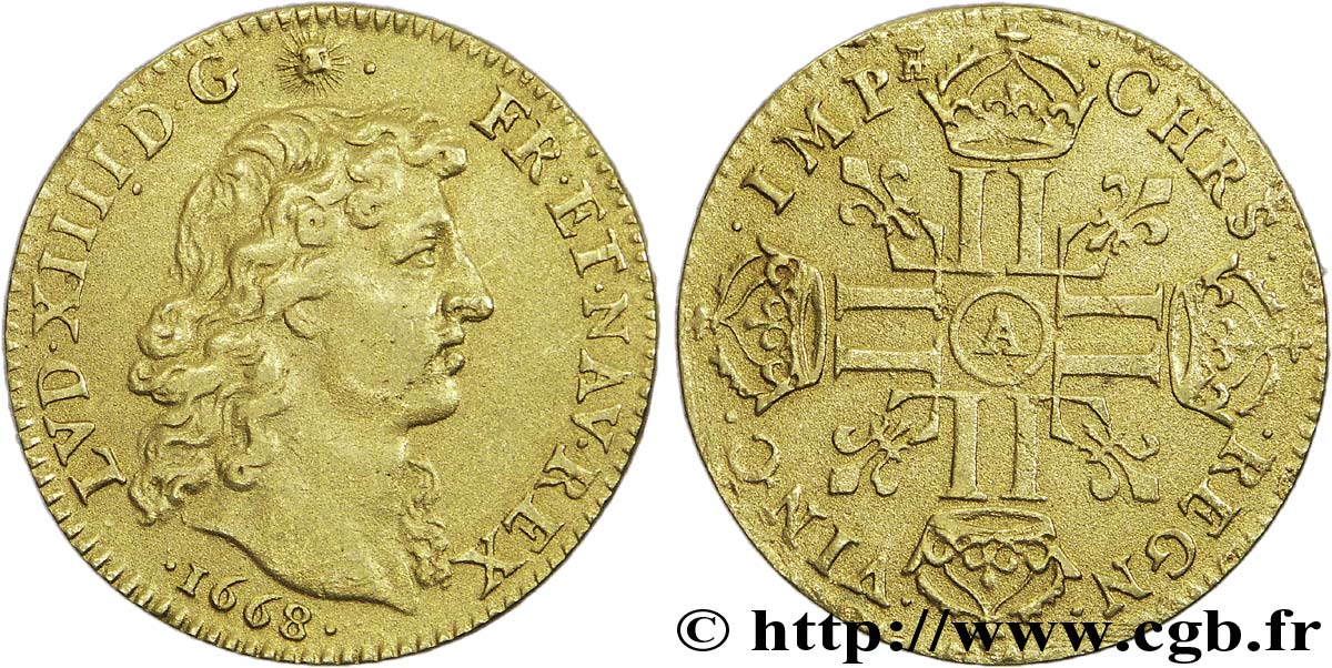 LOUIS XIV &nbsp;THE SUN KING&nbsp; Louis d&nbsp;or aux huit L, portrait à la tête nue 1668 Paris XF/VF