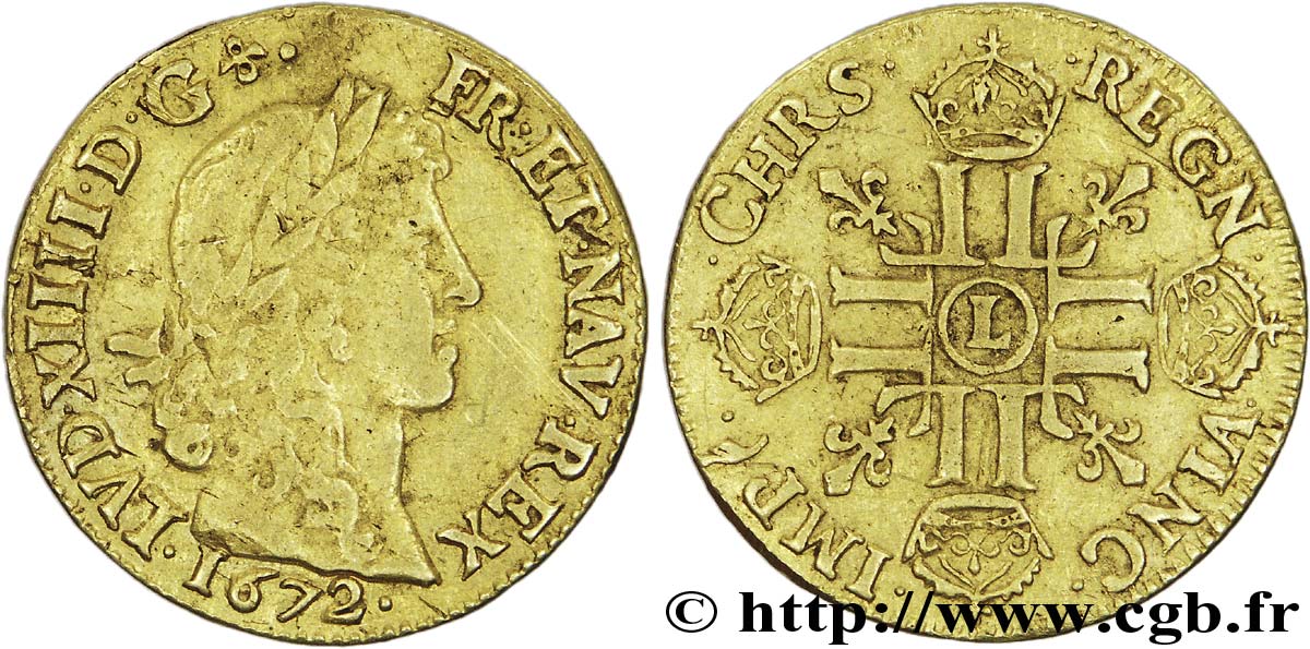 LOUIS XIV LE GRAND OU LE ROI SOLEIL Louis d or aux huit L, portrait apollinien 1672 Bayonne TB+