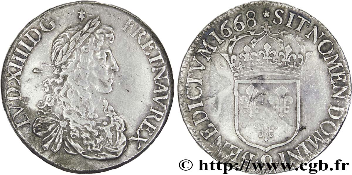 LOUIS XIV LE GRAND OU LE ROI SOLEIL Écu au buste juvénile, 2e type 1668 Rennes TTB+