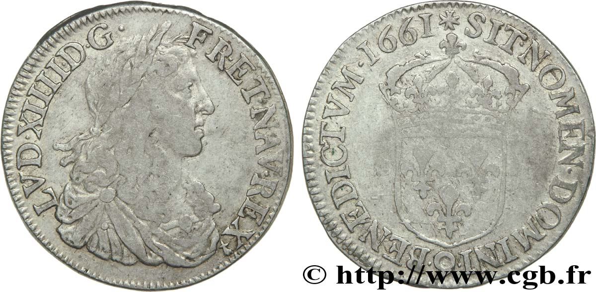 LOUIS XIV  THE SUN KING  Demi-écu au buste juvénile, 1er type 1661 Rennes q.BB