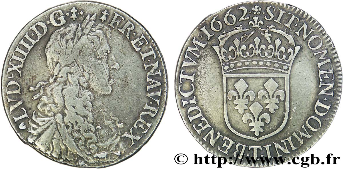 LOUIS XIV  THE SUN KING  Demi-écu au buste juvénile, 2e type aux longues mèches 1662 Nantes MBC