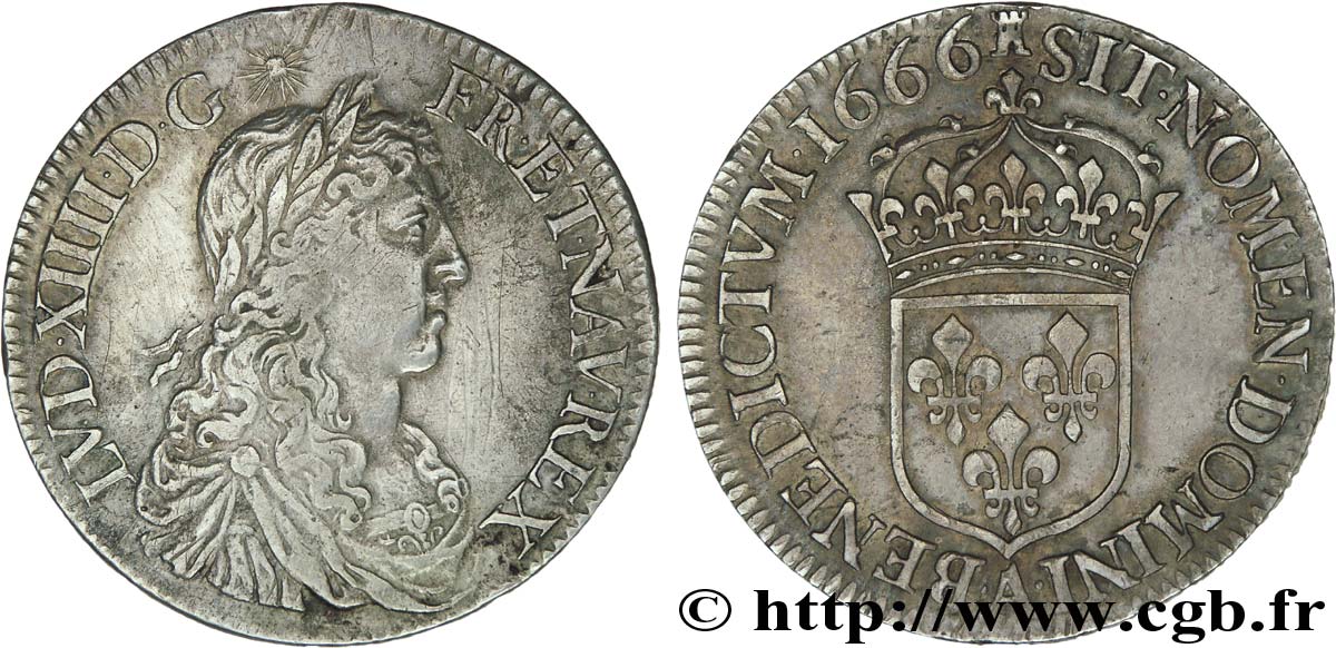 LOUIS XIV  THE SUN KING  Demi-écu au buste juvénile 1666 Paris VF/XF