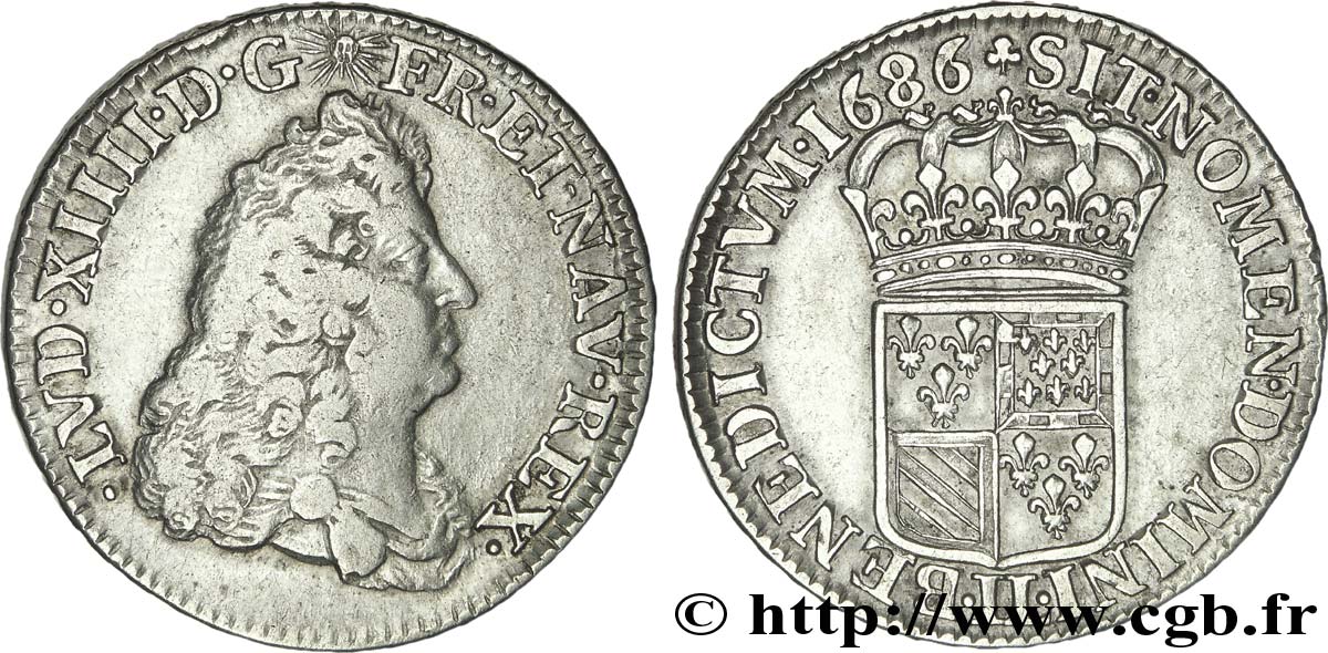 LOUIS XIV &nbsp;THE SUN KING&nbsp; Quart d&nbsp;écu de Flandre 1686 Lille VF/XF