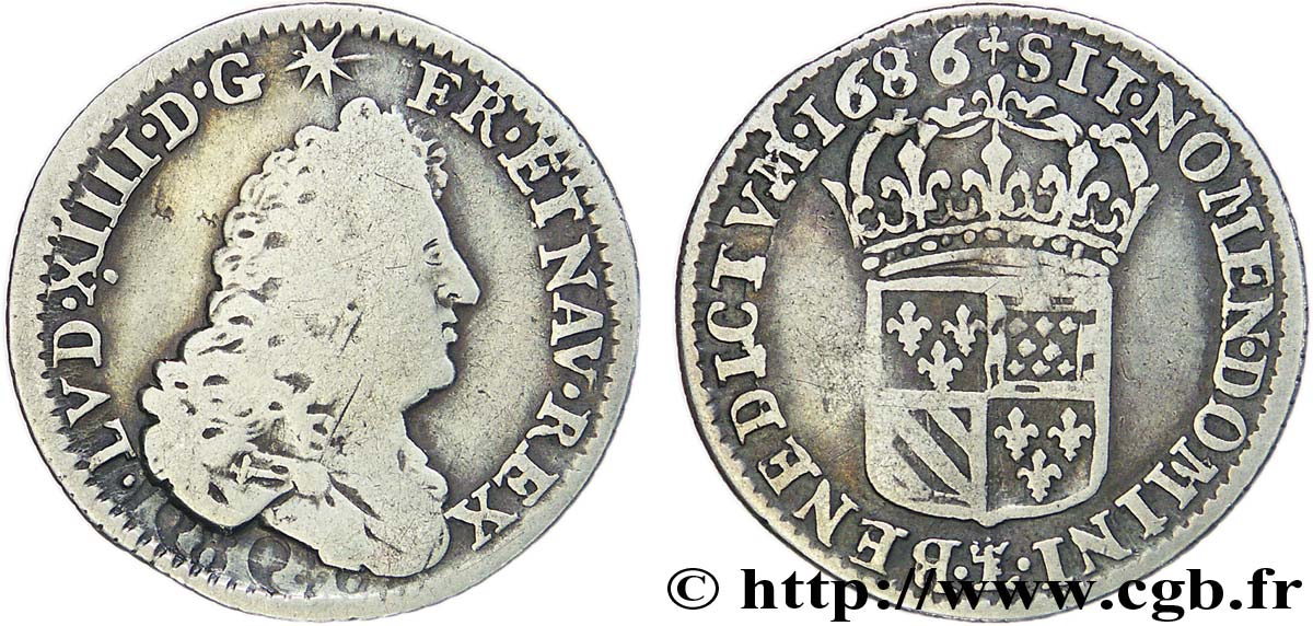 LOUIS XIV  THE SUN KING  Seizième d écu de Flandre, grand buste 1686 Lille fSS