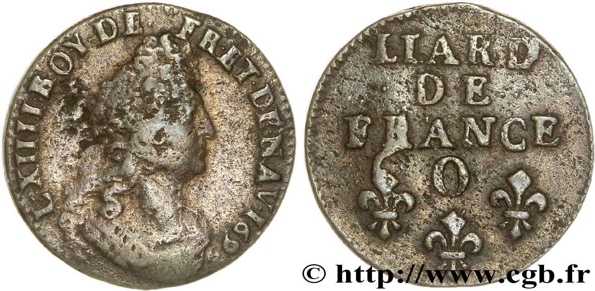LOUIS XIV LE GRAND OU LE ROI SOLEIL Liard, 3e type, buste âgé 1693 Riom B+/TB