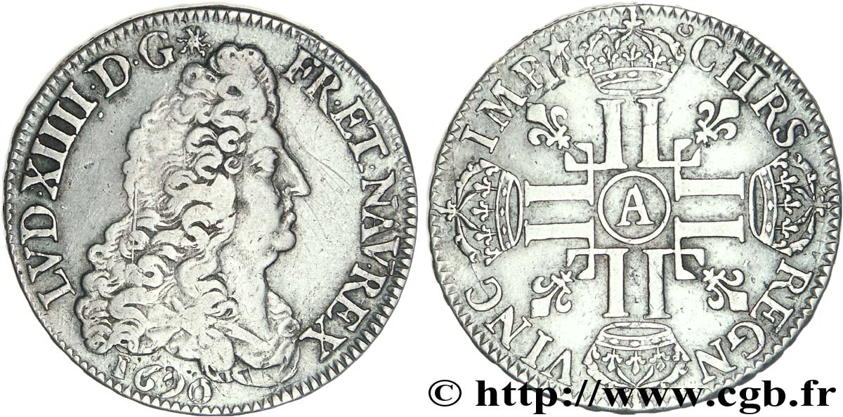 LOUIS XIV  THE SUN KING  Demi-écu aux huit L, 1er type 1690 Paris XF