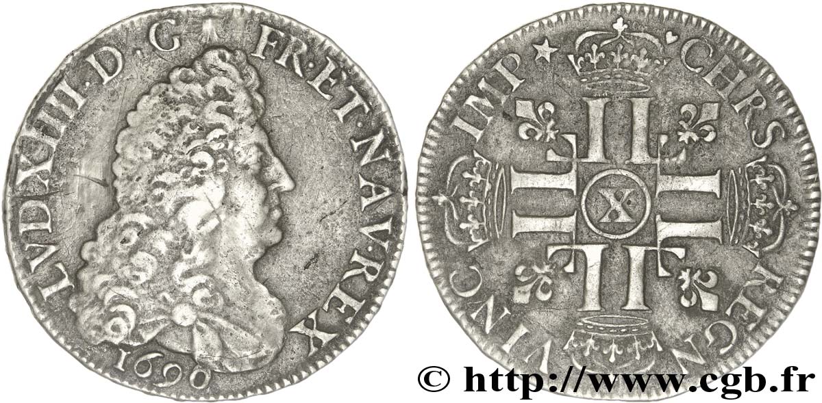 LOUIS XIV &nbsp;THE SUN KING&nbsp; Demi-écu aux huit L, buste définitif 1690 Amiens XF