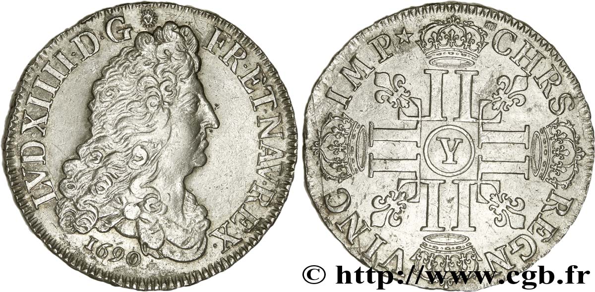 LOUIS XIV  THE SUN KING  Demi-écu aux huit L, 1er type 1690 Bourges AU