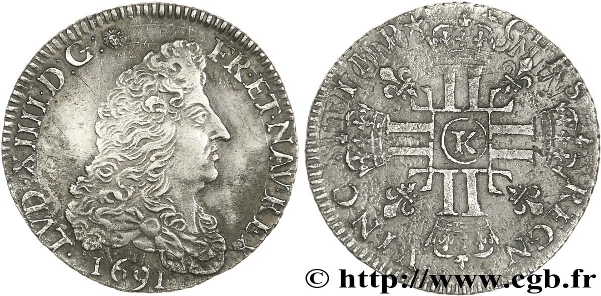 LOUIS XIV  THE SUN KING  Quart d écu aux huit L, 1er type, (type définitif) 1691 Bordeaux XF/VF