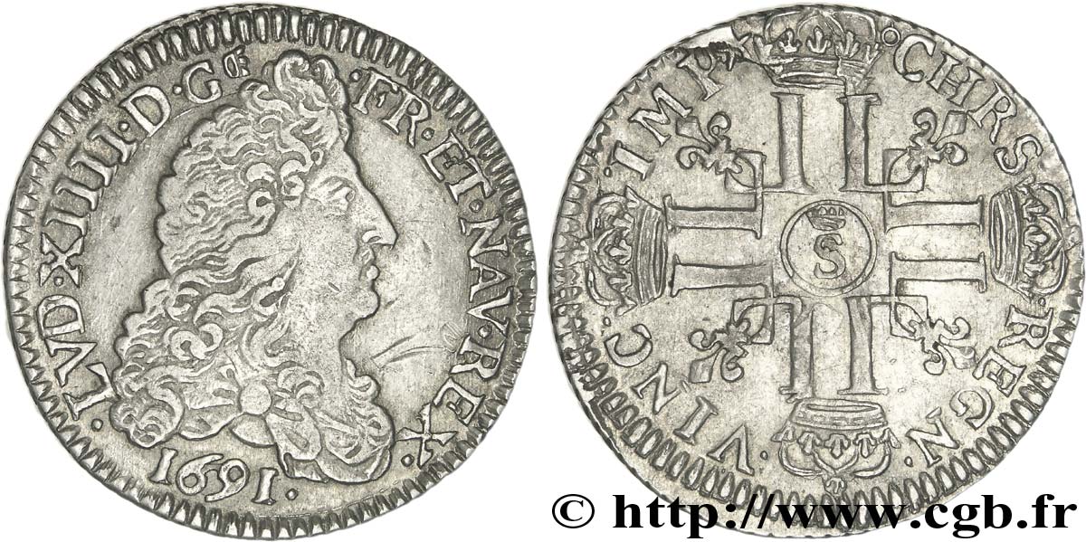 LOUIS XIV  THE SUN KING  Quart d écu aux huit L, 1er type, (type définitif) 1691 Troyes BB/q.SPL