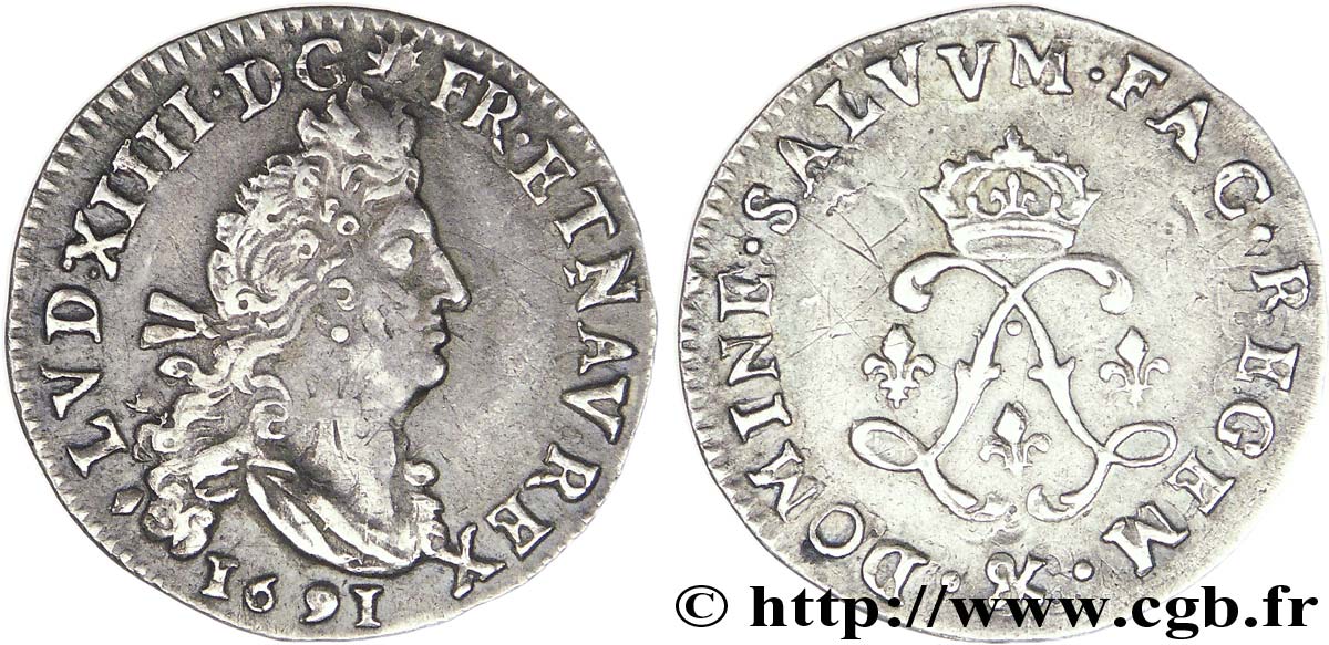 LOUIS XIV LE GRAND OU LE ROI SOLEIL Quadruple sol aux deux L 1691 Aix-en-Provence TTB+