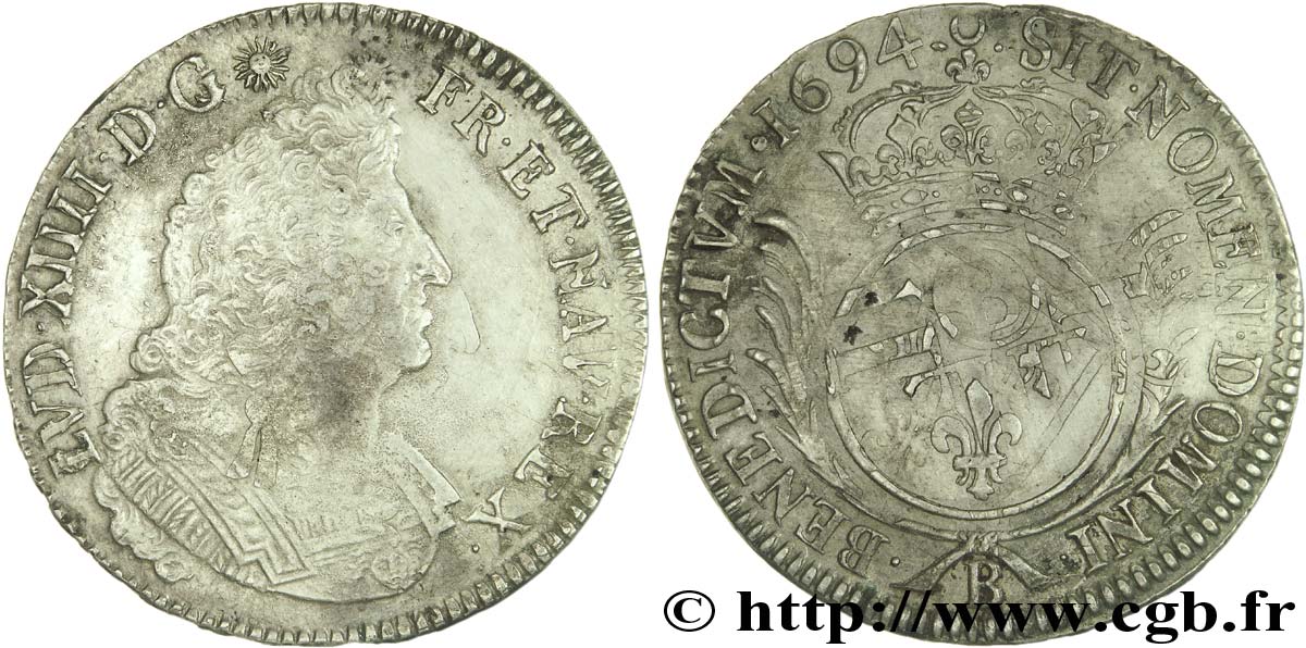 LOUIS XIV LE GRAND OU LE ROI SOLEIL Écu aux palmes, avec tranche fautée 1694 Rouen TTB