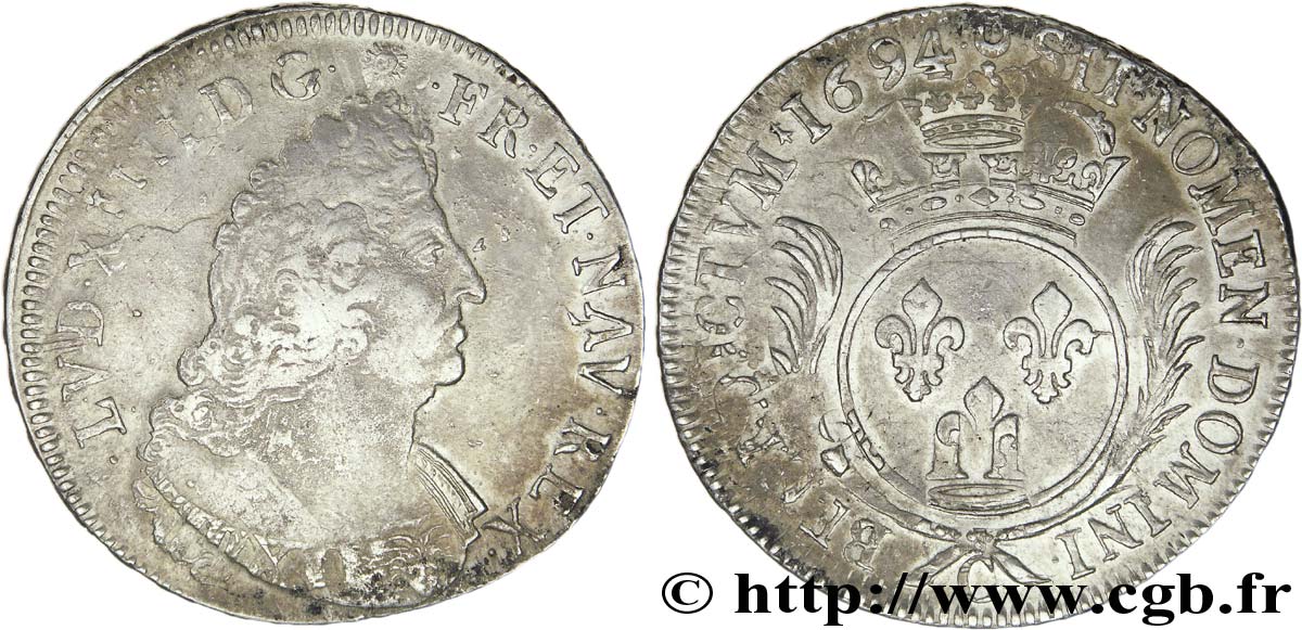 LOUIS XIV LE GRAND OU LE ROI SOLEIL Écu aux palmes 1694 Caen TB/TTB