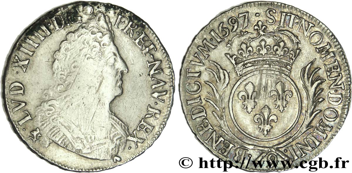 LOUIS XIV LE GRAND OU LE ROI SOLEIL Demi-écu aux palmes 1697 Rennes TB+/TTB+