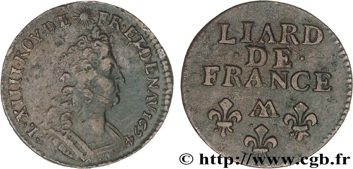 LOUIS XIV LE GRAND OU LE ROI SOLEIL Liard, 3e type, buste âgé 1694 Metz TTB/TTB+