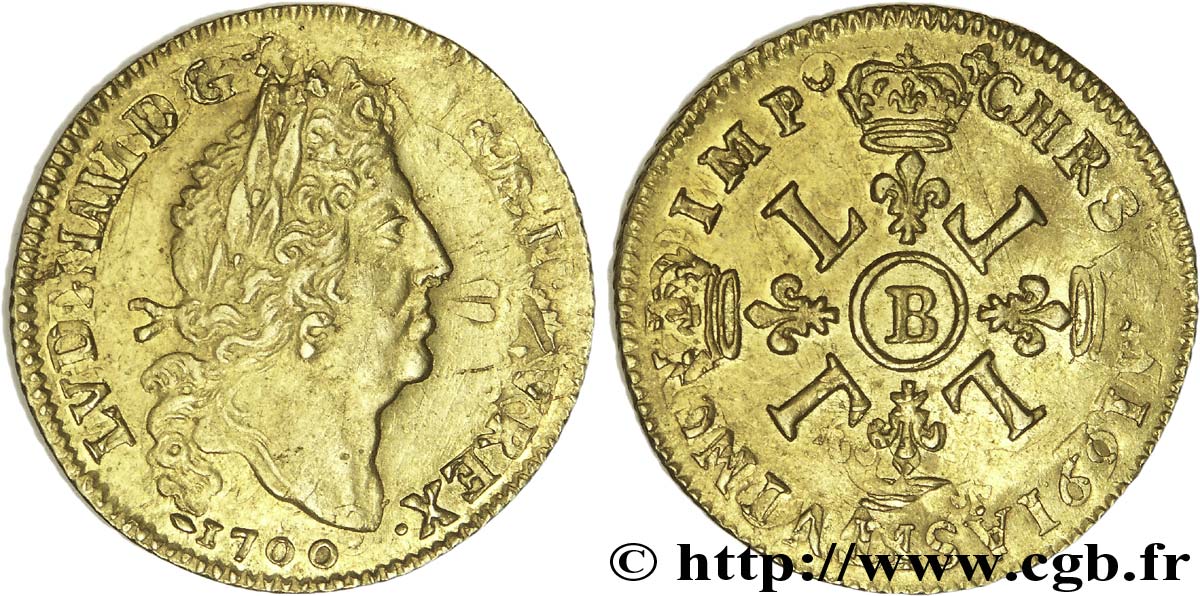LOUIS XIV  THE SUN KING  Louis d or aux quatre L 1700 Rouen MBC+