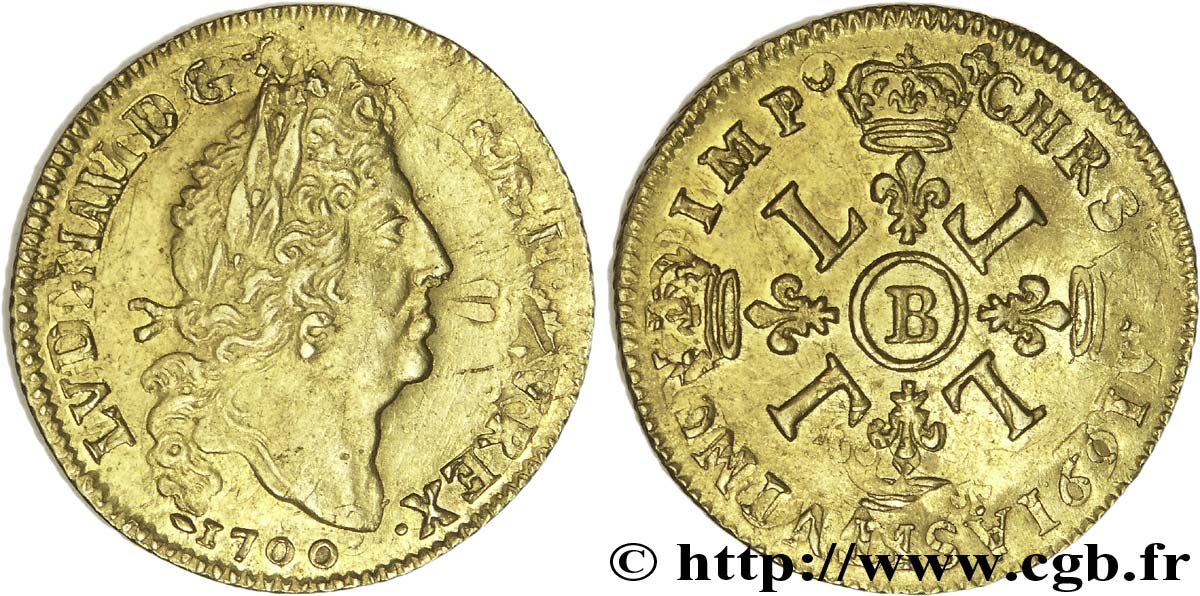 LOUIS XIV LE GRAND OU LE ROI SOLEIL Louis d or aux quatre L 1700 Rouen TTB+