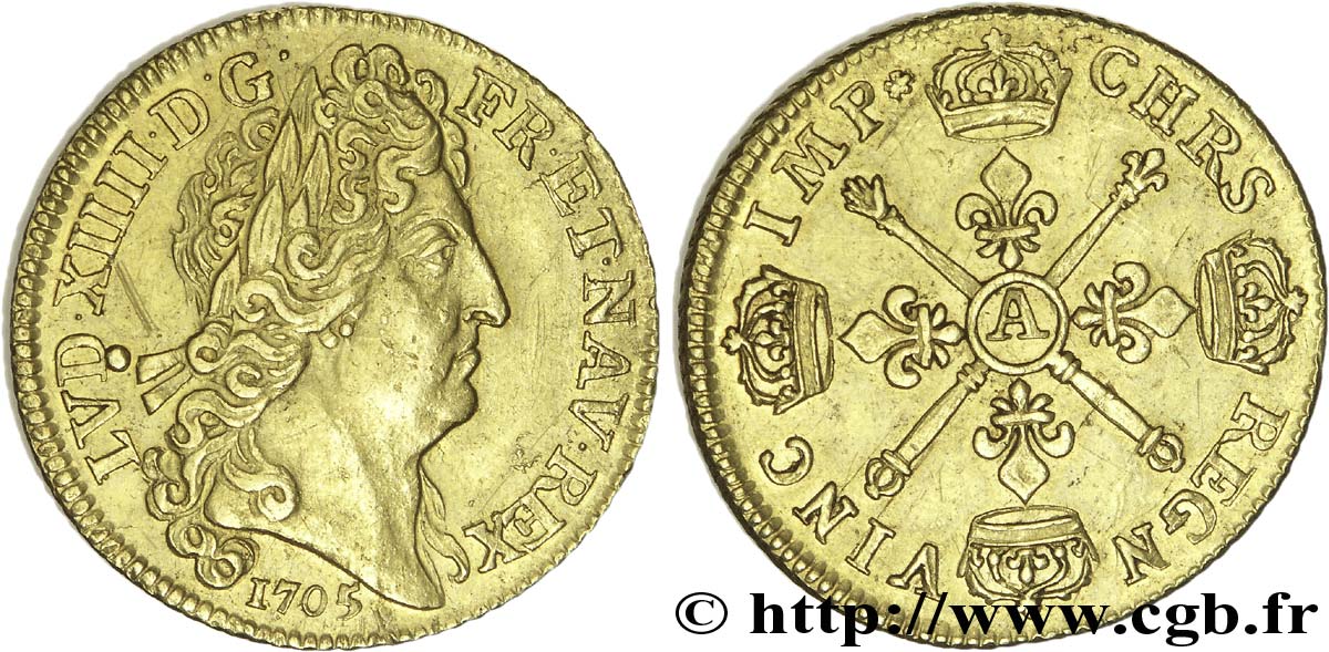 LOUIS XIV  THE SUN KING  Louis d or aux insignes, portrait aux cheveux longs 1705 Paris MBC+