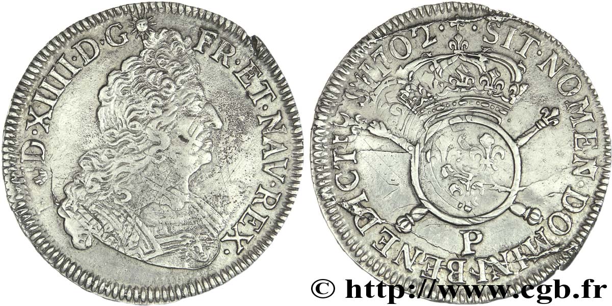 LOUIS XIV  THE SUN KING  Demi-écu aux insignes 1702 Dijon BB