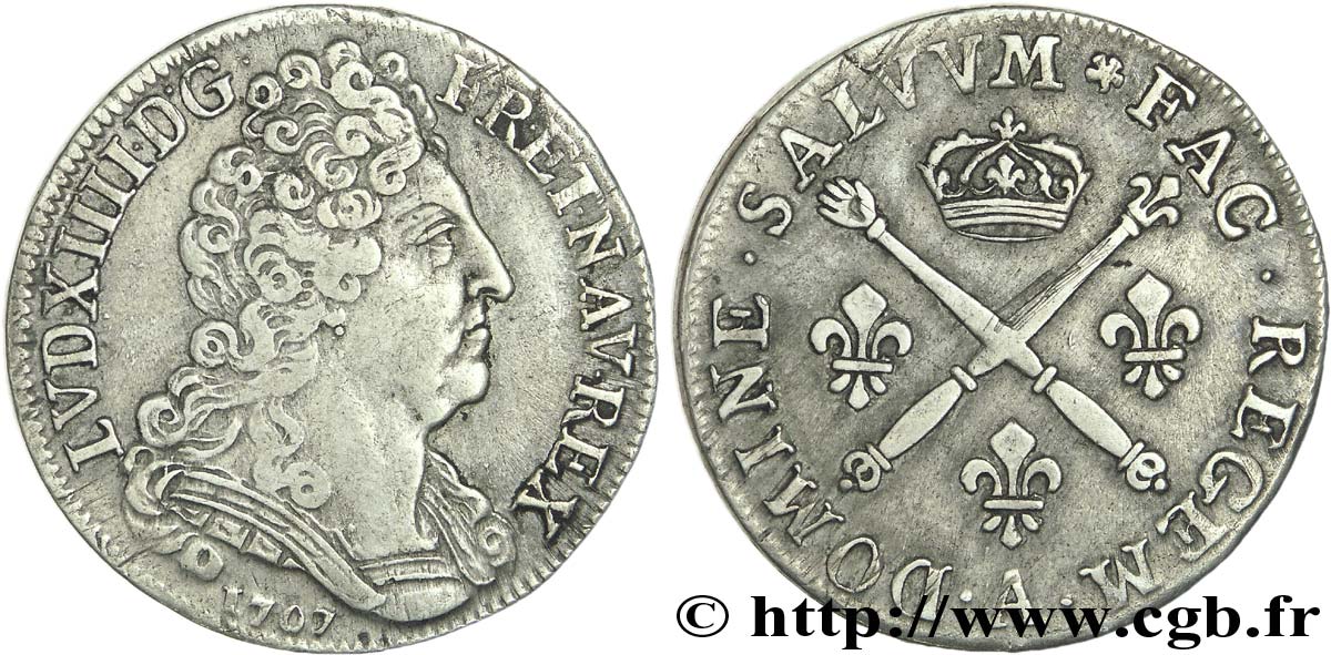 LOUIS XIV LE GRAND OU LE ROI SOLEIL Vingt sols aux insignes 1707 Paris TTB