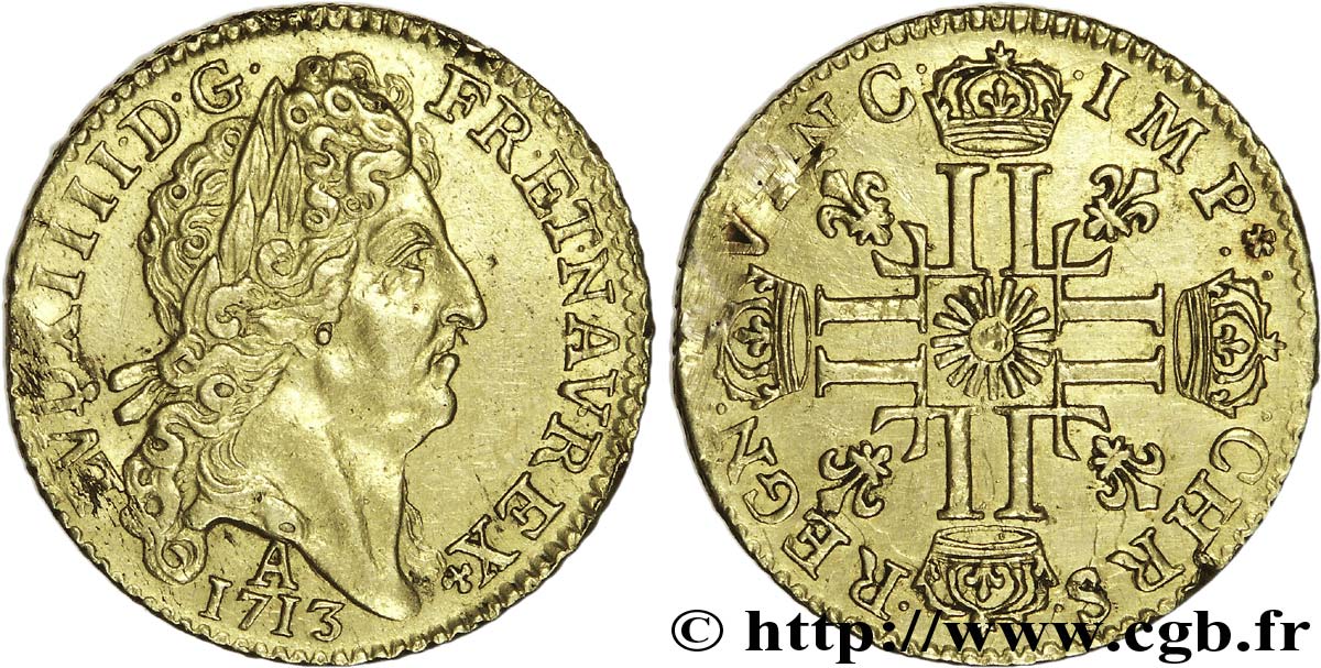 LOUIS XIV  THE SUN KING  Louis d or au soleil 1713 Paris AU/XF