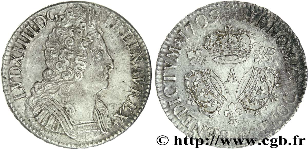 LOUIS XIV LE GRAND OU LE ROI SOLEIL Écu aux trois couronnes 1709 Paris SUP/TTB+