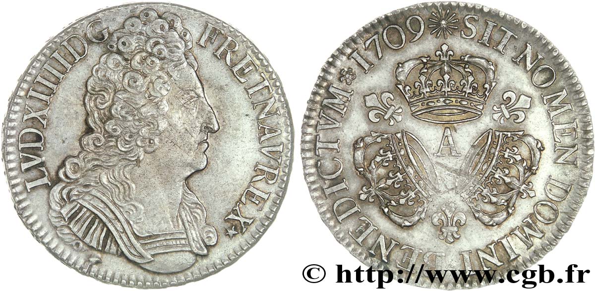 LOUIS XIV  THE SUN KING  Écu aux trois couronnes 1709 Paris AU
