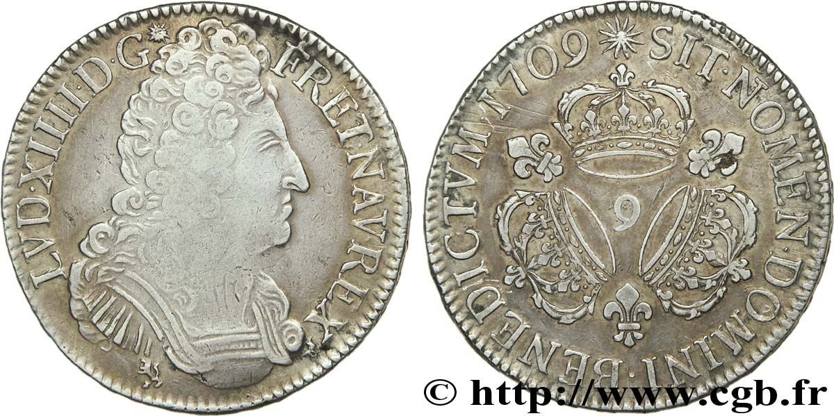 LOUIS XIV  THE SUN KING  Écu aux trois couronnes 1709 Rennes VF/XF