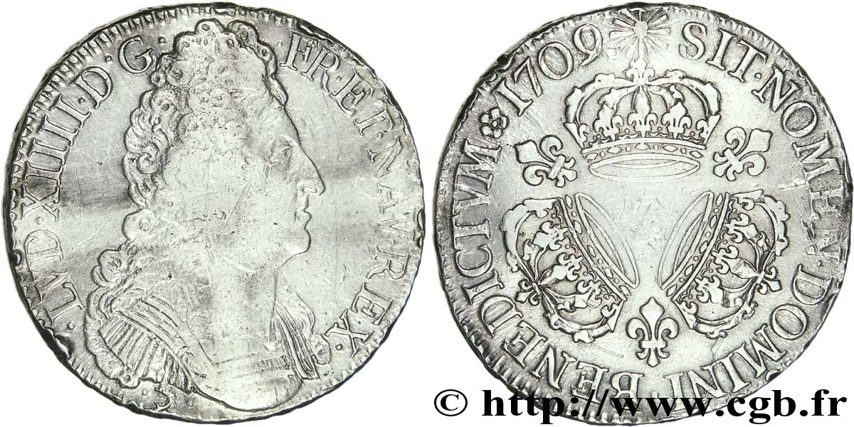 LOUIS XIV  THE SUN KING  Écu aux trois couronnes 1709 Grenoble MB/q.BB