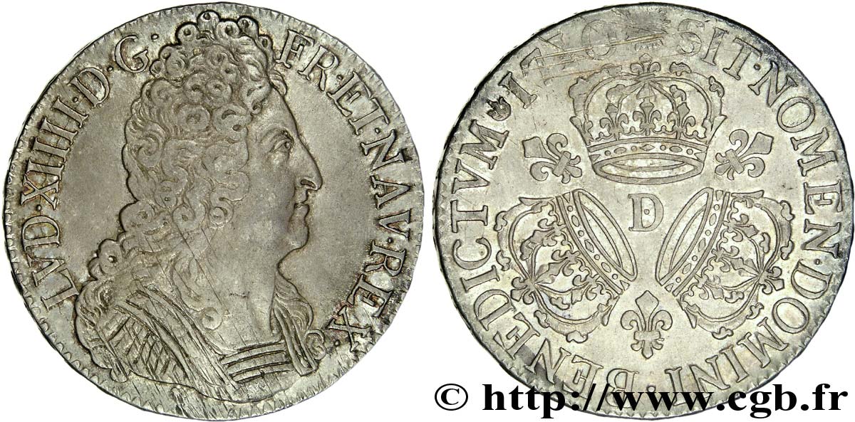 LOUIS XIV  THE SUN KING  Écu aux trois couronnes 1710 Lyon AU/AU