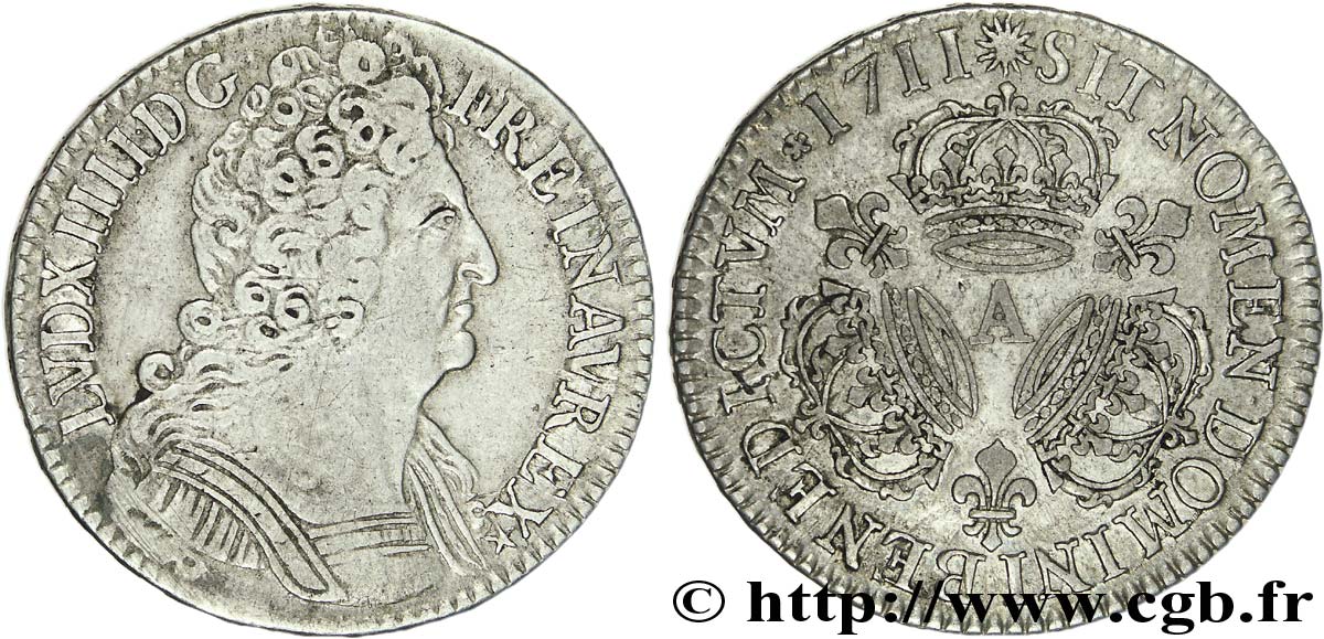 LOUIS XIV  THE SUN KING  Demi-écu aux trois couronnes 1711 Paris BC+/MBC