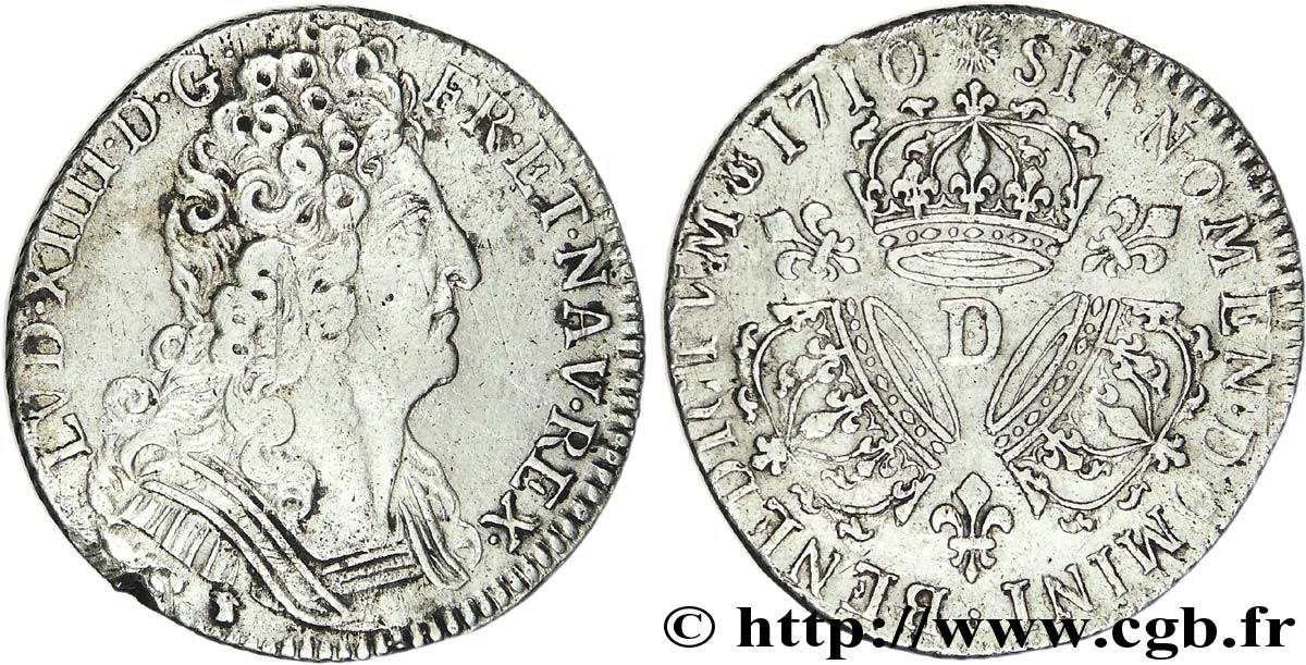 LOUIS XIV LE GRAND OU LE ROI SOLEIL Quart d&nbsp;écu aux trois couronnes 1710 Lyon TB+