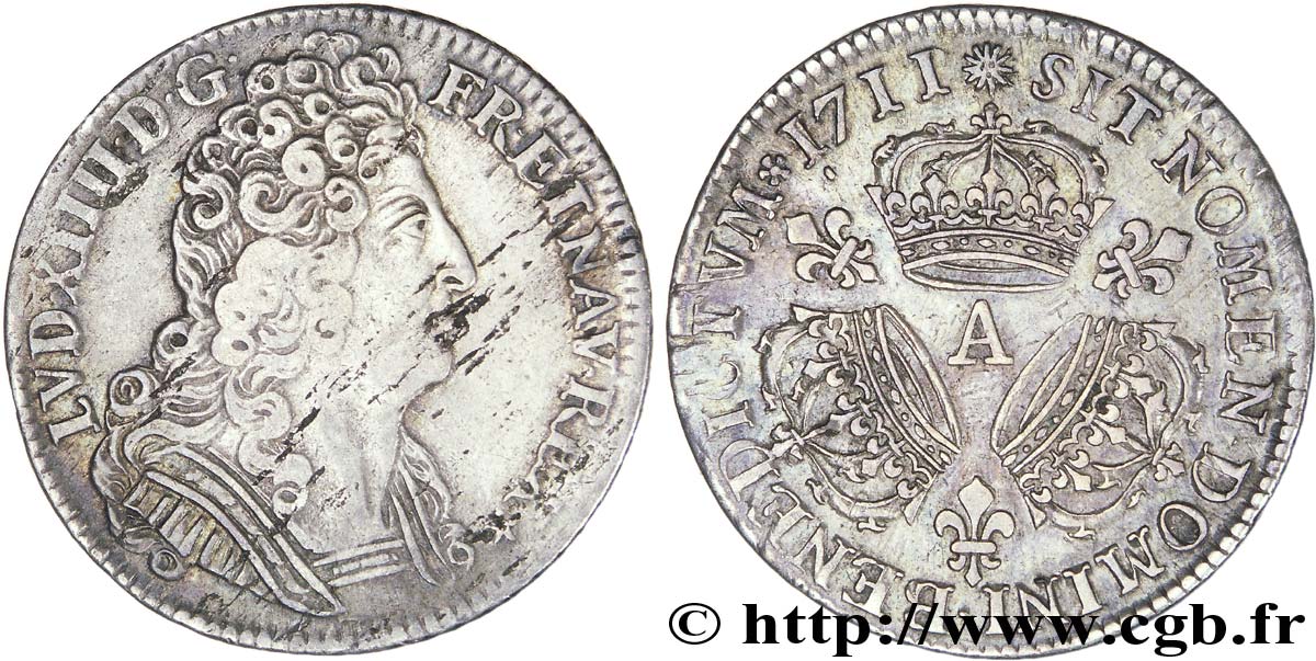 LOUIS XIV &nbsp;THE SUN KING&nbsp; Quart d&nbsp;écu aux trois couronnes 1711 Paris XF