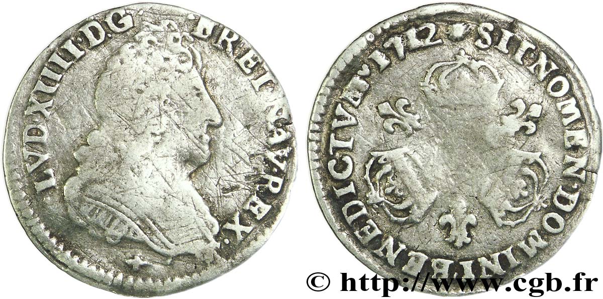 LOUIS XIV  THE SUN KING  Vingtième d écu aux trois couronnes 1712 Nantes VF