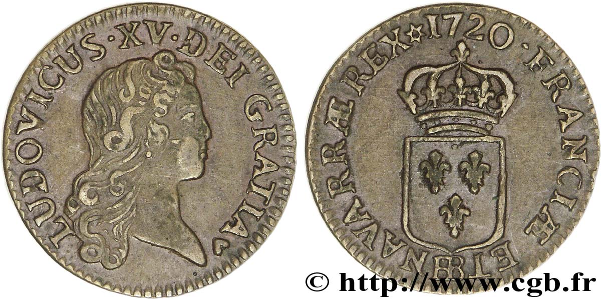 LOUIS XV DIT LE BIEN AIMÉ Liard au buste enfantin 1720 Strasbourg TTB+/SUP