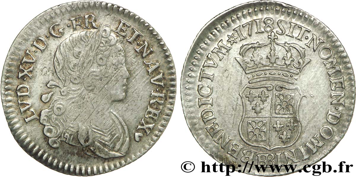 LOUIS XV THE BELOVED Dixième d écu de Navarre 1718 Strasbourg XF/AU