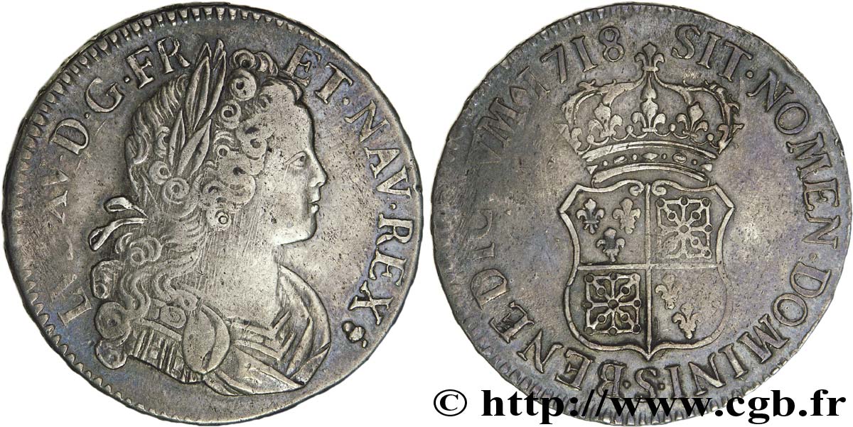 LOUIS XV  THE WELL-BELOVED  Écu de Navarre 1718 Reims XF/AU