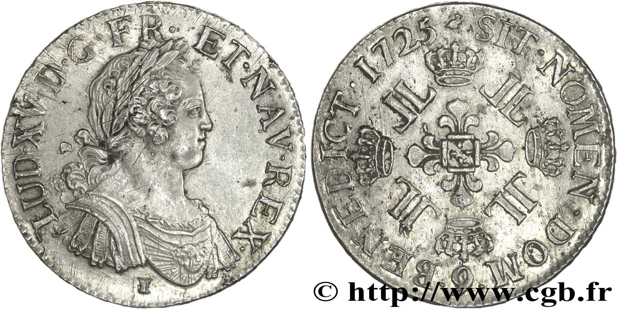 LOUIS XV  THE WELL-BELOVED  Écu dit  aux huit L  1725 Rennes AU/AU