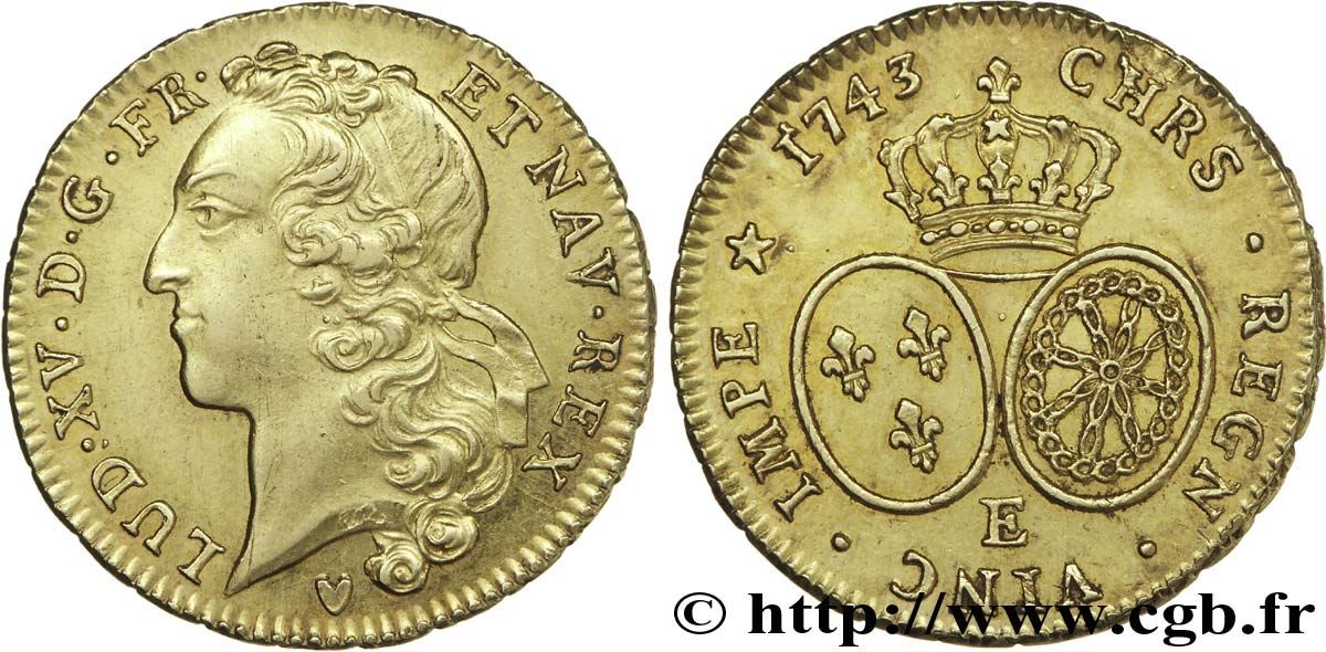 LOUIS XV  THE WELL-BELOVED  Double louis d’or aux écus ovales, tête ceinte d’un bandeau 1743 Tours VZ