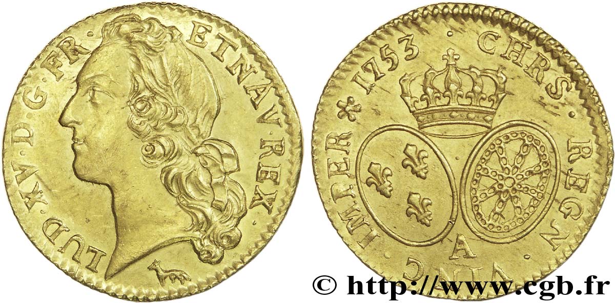 LOUIS XV DIT LE BIEN AIMÉ Louis d’or aux écus ovales, tête ceinte d’un bandeau 1753 Paris SUP