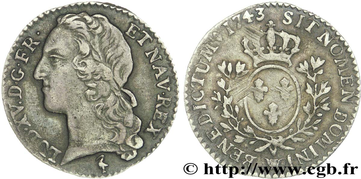 LOUIS XV  THE WELL-BELOVED  Dixième d écu aux branches d’olivier, tête ceinte d’un bandeau 1743 Lille XF