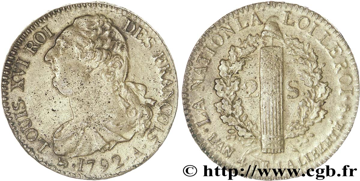 LOUIS XVI 2 sols dit  au faisceau , type FRANÇOIS 1792 Paris AU