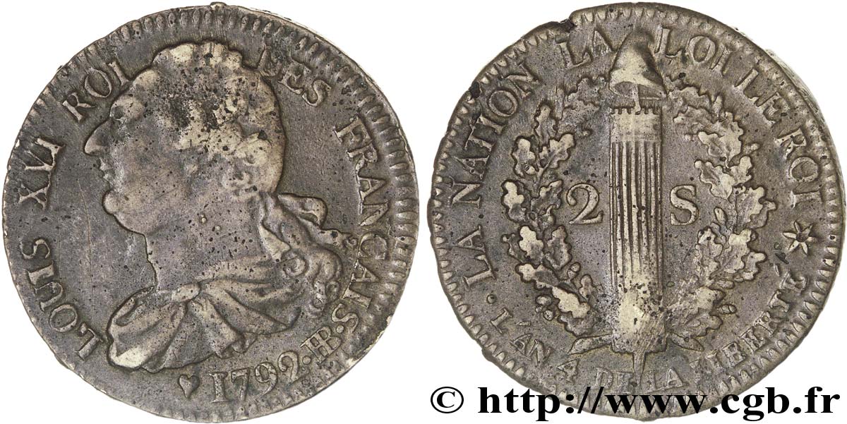 LOUIS XVI (MONARQUE CONSTITUTIONNEL)  2 sols dit  au faisceau , type FRANÇAIS 1792 Strasbourg TTB
