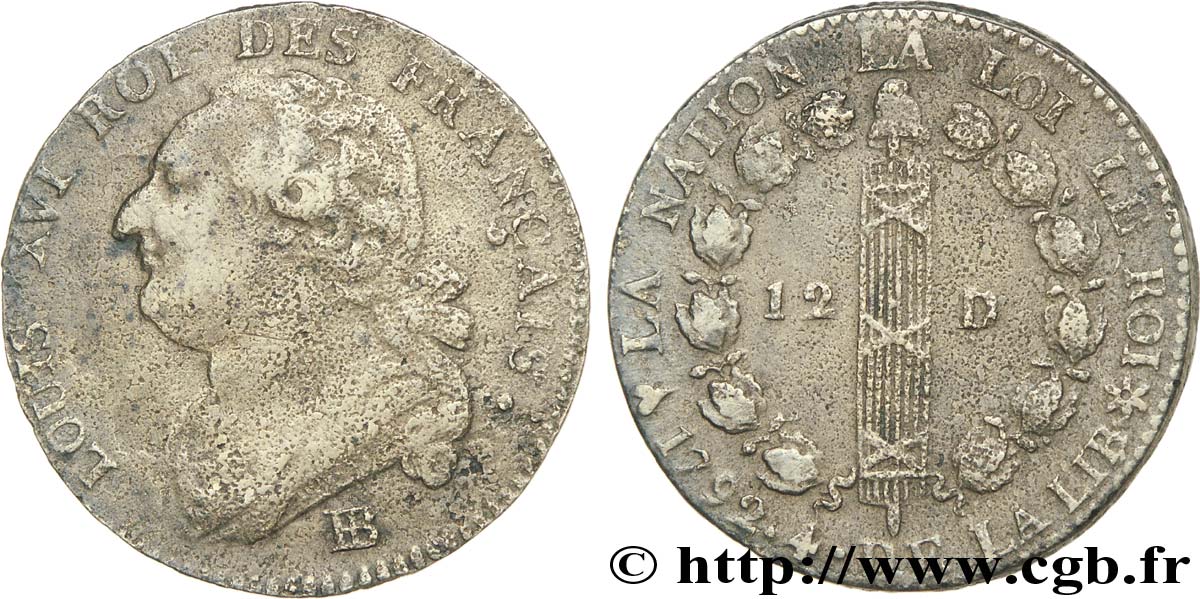 LOUIS XVI (MONARQUE CONSTITUTIONNEL)  12 deniers dit  au faisceau , type FRANÇAIS 1792 Strasbourg TB+/TTB
