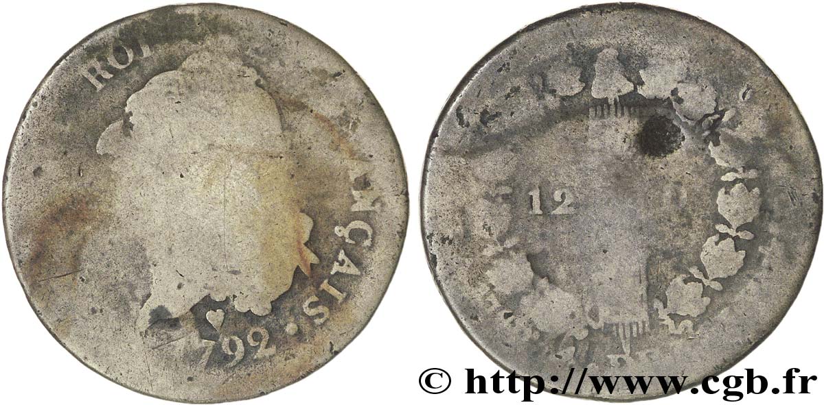 LOUIS XVI (MONARQUE CONSTITUTIONNEL)  12 deniers dit &nbsp;au faisceau&nbsp;, type FRANÇAIS, hybride frappé avec un carré de pièce de 30 sols 1792 Strasbourg AB