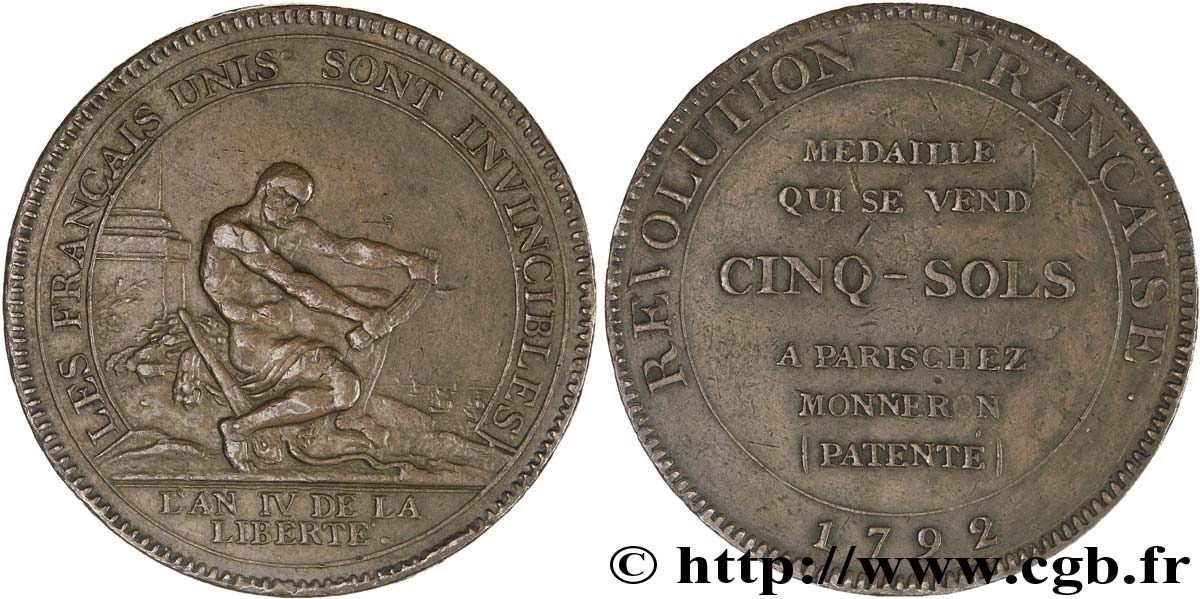 REVOLUTION COINAGE / CONFIANCE (MONNAIES DE…) Monneron de 5 sols à l Hercule, frappe monnaie 1792 Birmingham, Soho XF