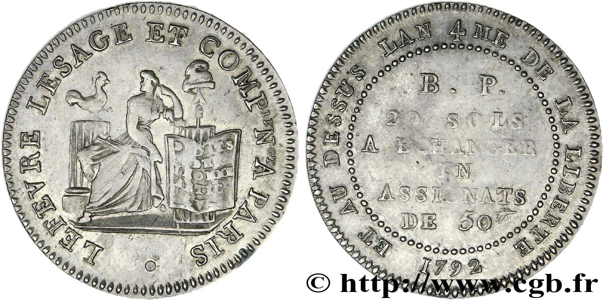 REVOLUTION COINAGE 20 sols de Lefèvre Lesage et Cie 1792 Paris fST