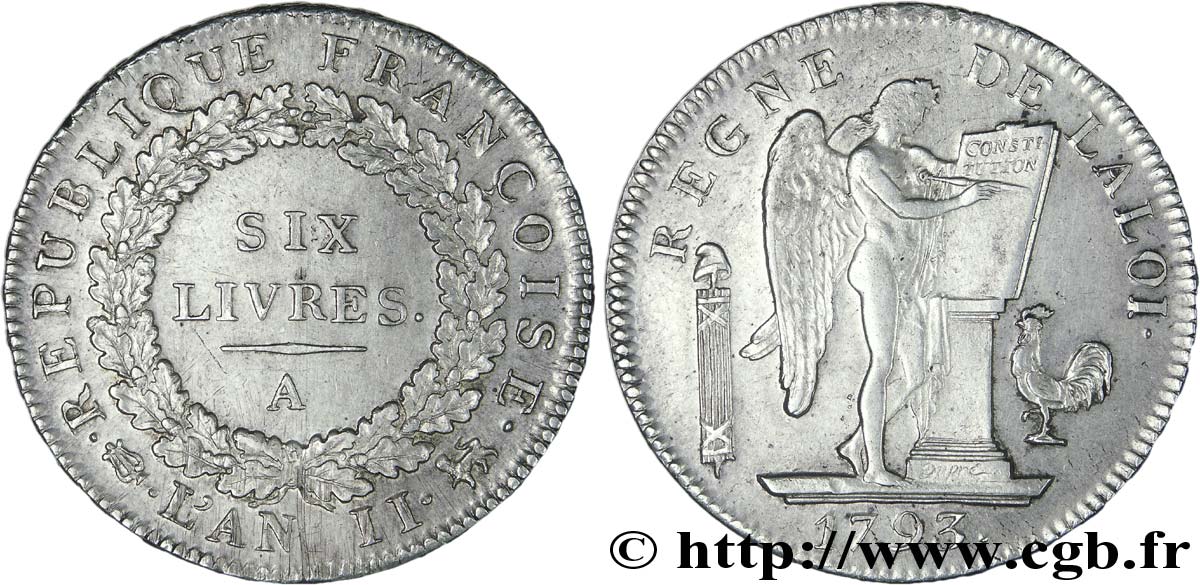 LA CONVENTION Six livres dit  au génie  1793 Paris TTB+/SUP